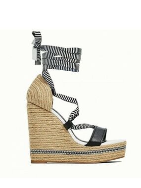 ZARA Strappy Black Espadrille Wedge Sandals with Ankle Tie